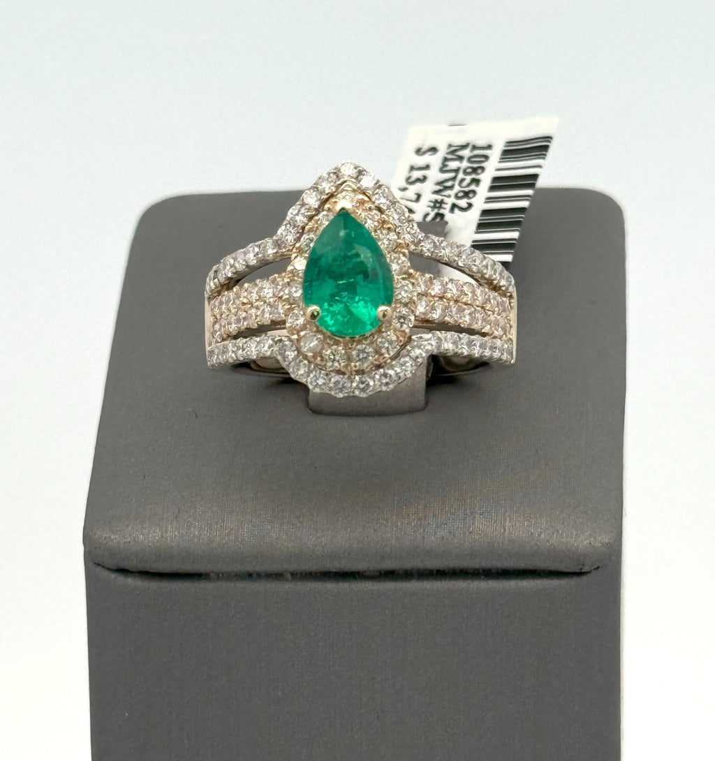 14k Yellow Gold 1.00 CT Green Emerald & 1.25 CT Diamond Ladies Ring, 7.3gm, S108582