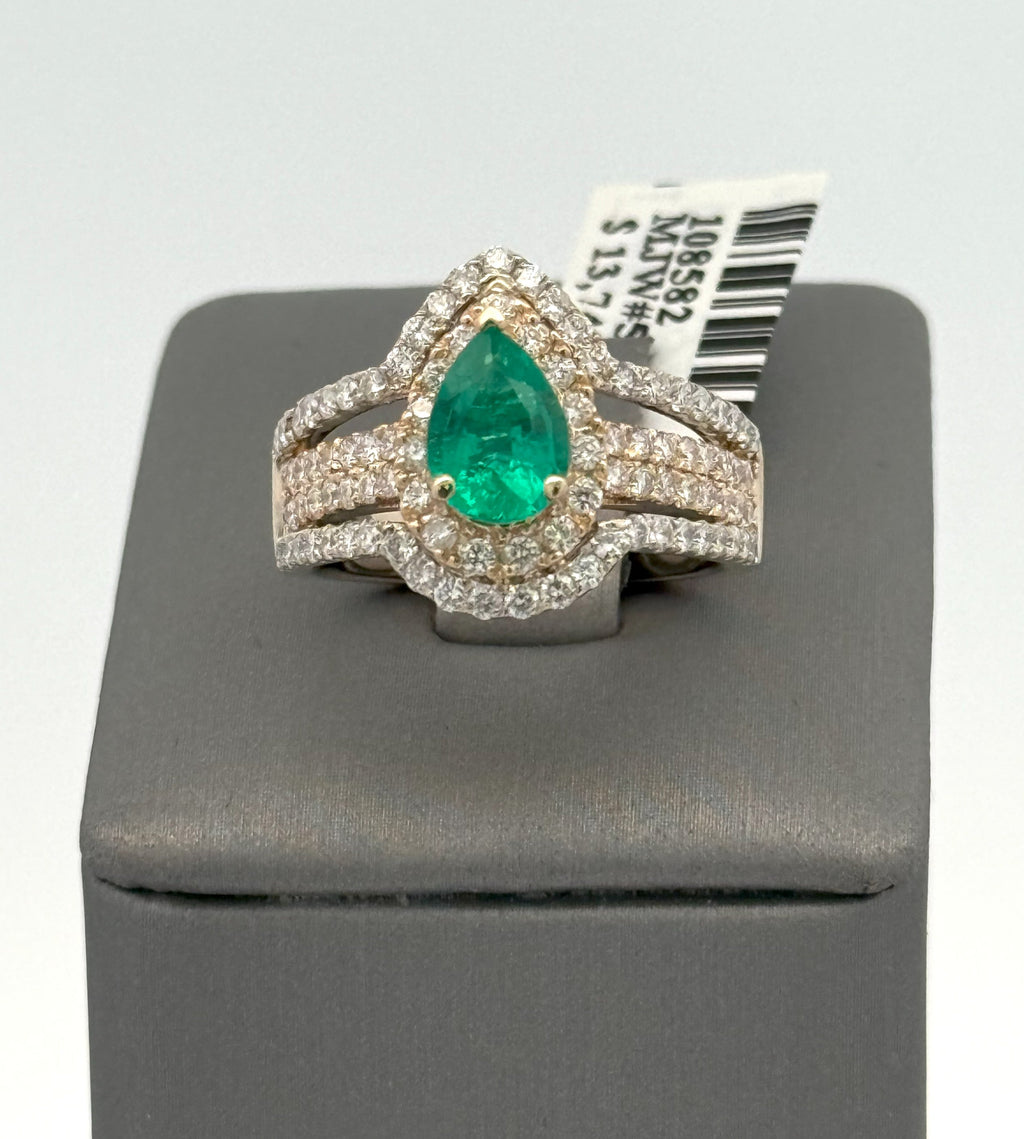 14k Yellow Gold 1.00 CT Green Emerald & 1.25 CT Diamond Ladies Ring, 7.3gm, S108582