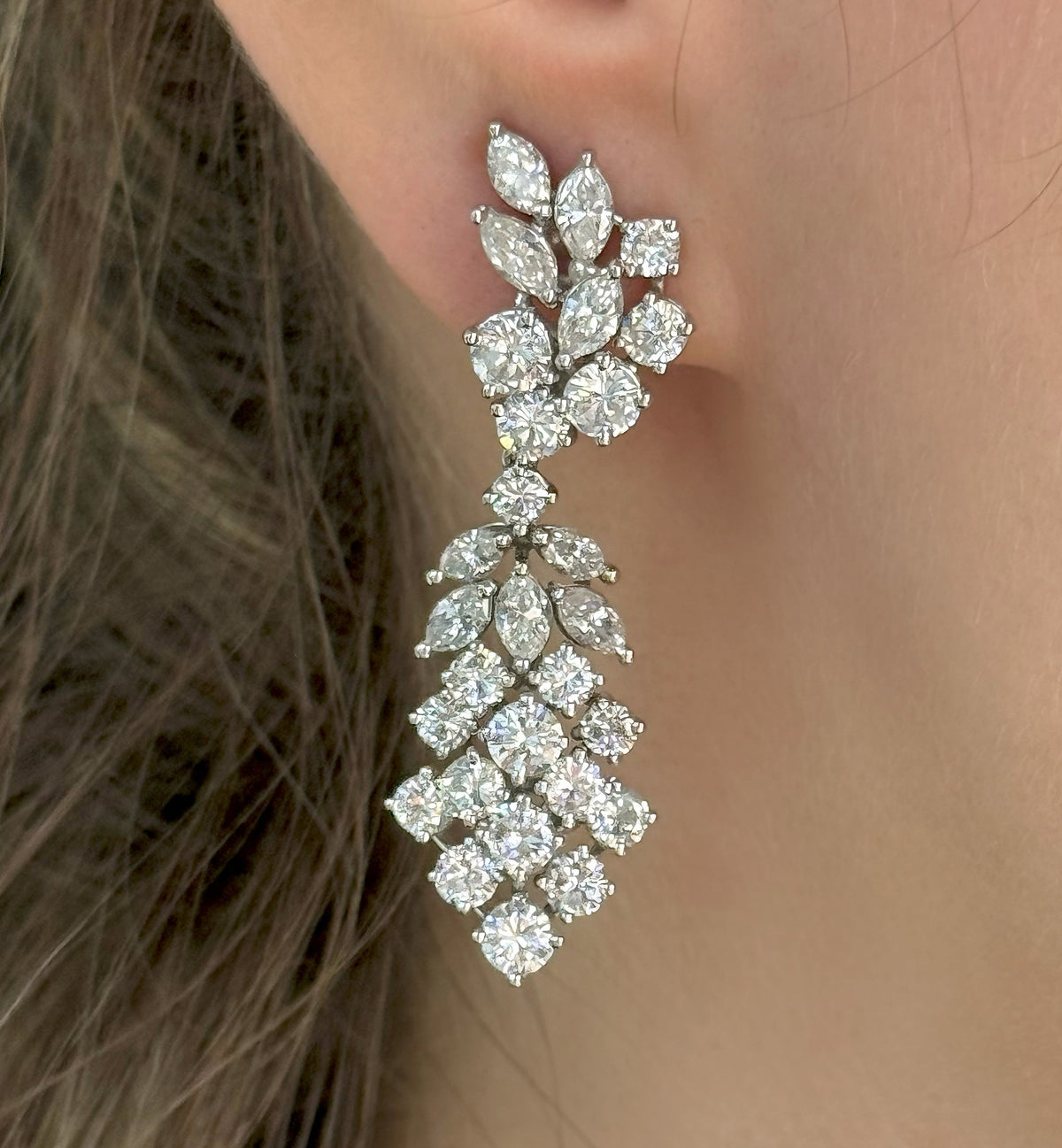 Platinum Chandelier Earrings 13.8g, 6.50CT Marquise & Round Cut Diamonds, S16743