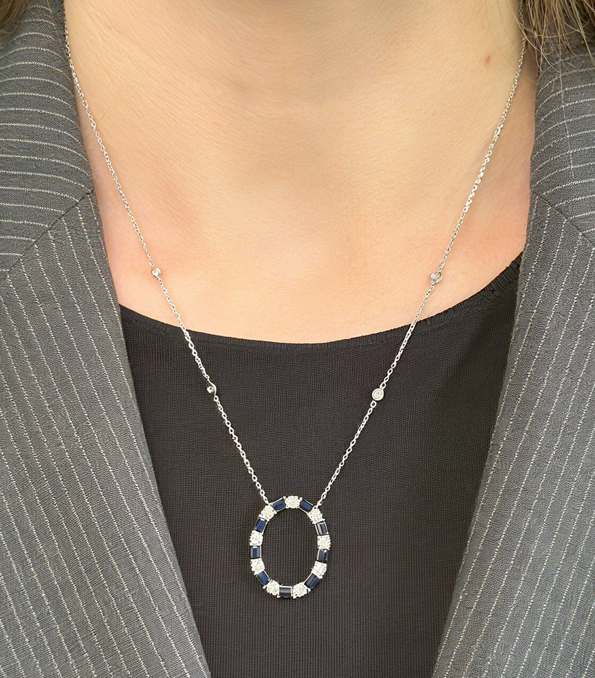 14k White Gold 2.75 CT Sapphire & Diamond Ladies Pendant Necklace, 18", S16740
