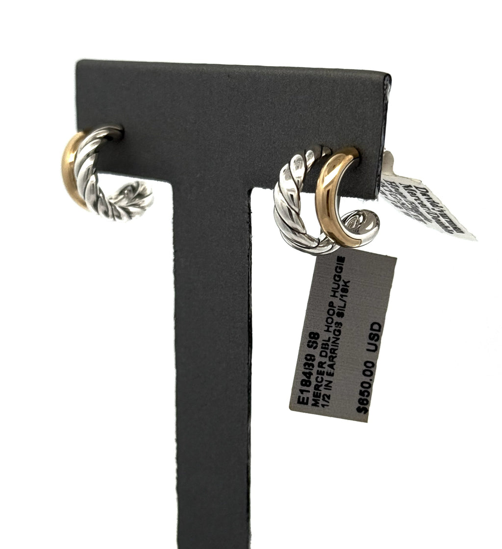 David Yurman Mercer DBL Hoop Huggie 1/2in Earrings Sil/18k E18489 S8, S108741