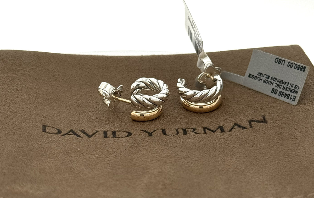 David Yurman Mercer DBL Hoop Huggie 1/2in Earrings Sil/18k E18489 S8, S108741