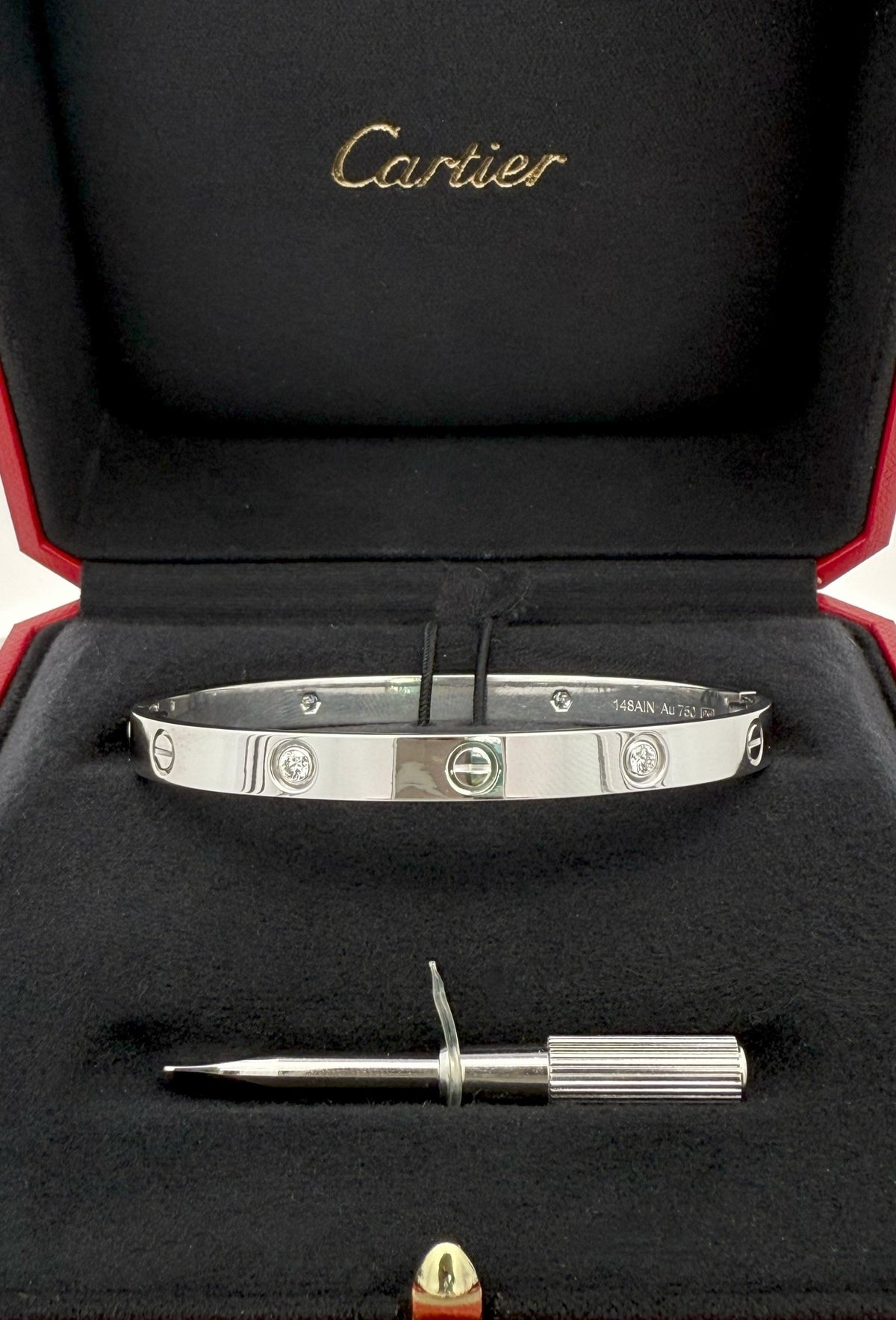 Authentic Cartier Solid 18k White Gold Diamond Bangle Bracelet, Size 19