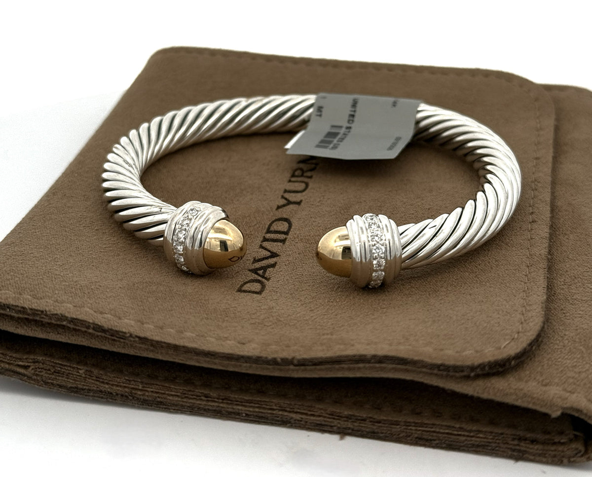 David Yurman Classic Cable Bracelet Sterling Silver with 14K Yellow Gold Domes and Diamonds, 7mm