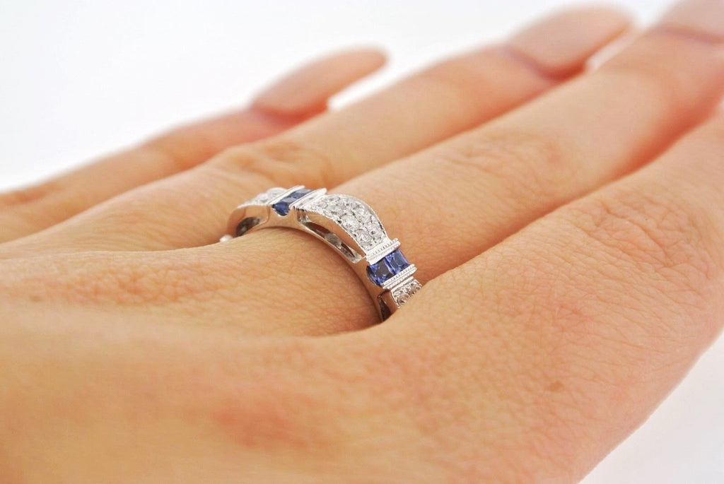 14k White Gold 1.25 CT Sapphire & Diamond Band, 4gm