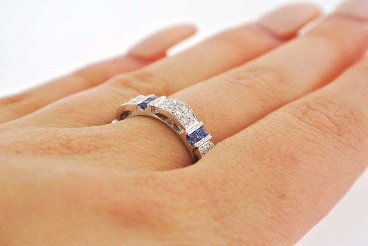 14k White Gold 1.25 CT Sapphire & Diamond Band, 4gm