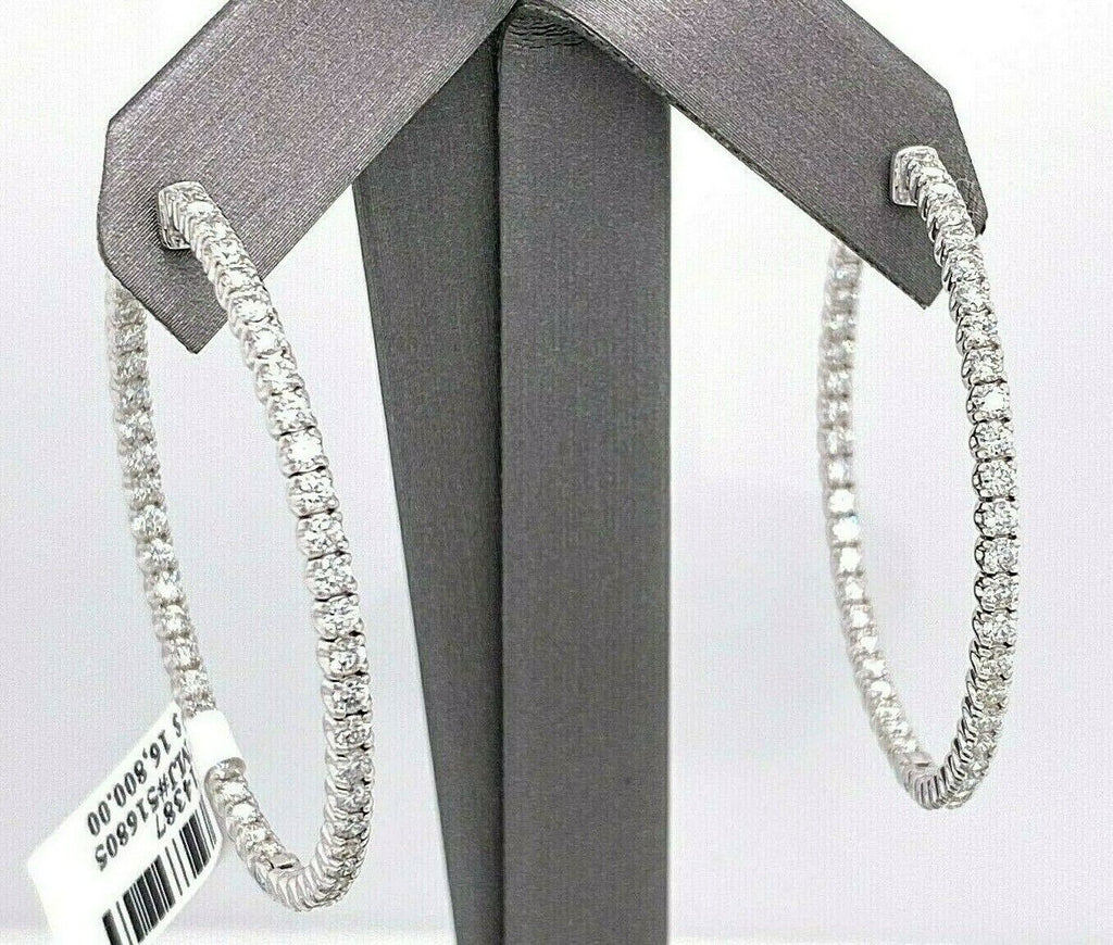 14k White Gold 3.85 CT Diamond Inside Out Hoop Earrings, 11gm