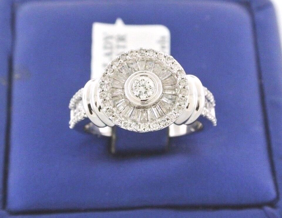 14k White Gold 1.00 CT Round & Baguette Diamond Cluster Engagement Ring