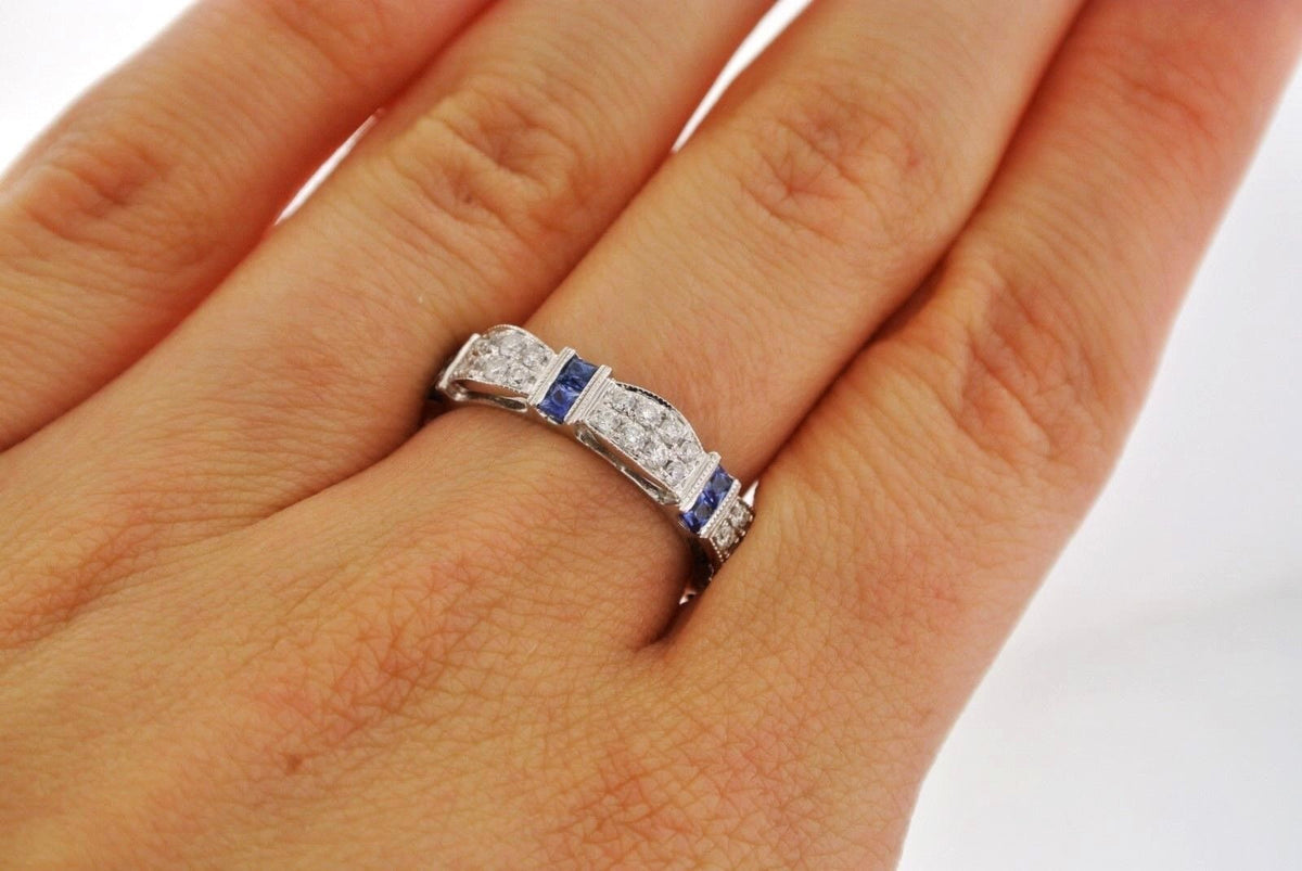 14k White Gold 1.25 CT Sapphire & Diamond Band, 4gm