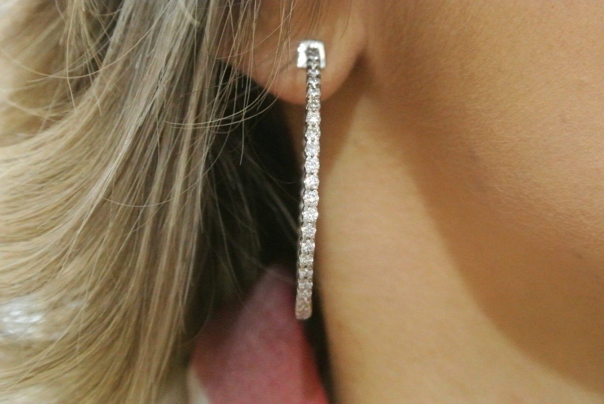 14k White Gold 3.00 CT Diamond Inside Out Hoop Earrings, 9.7gm