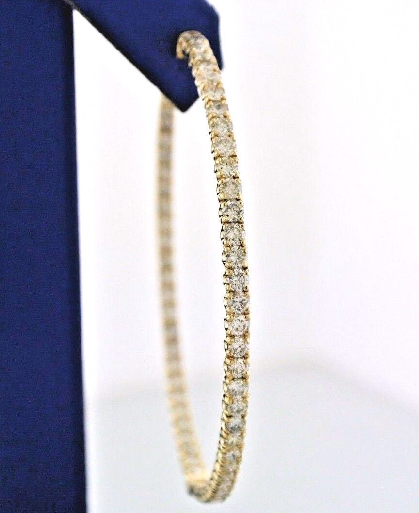 14k Yellow Gold 7.50 CT Diamond Inside Out Hoop Earrings, 15.9gm, Diameter 2.25"
