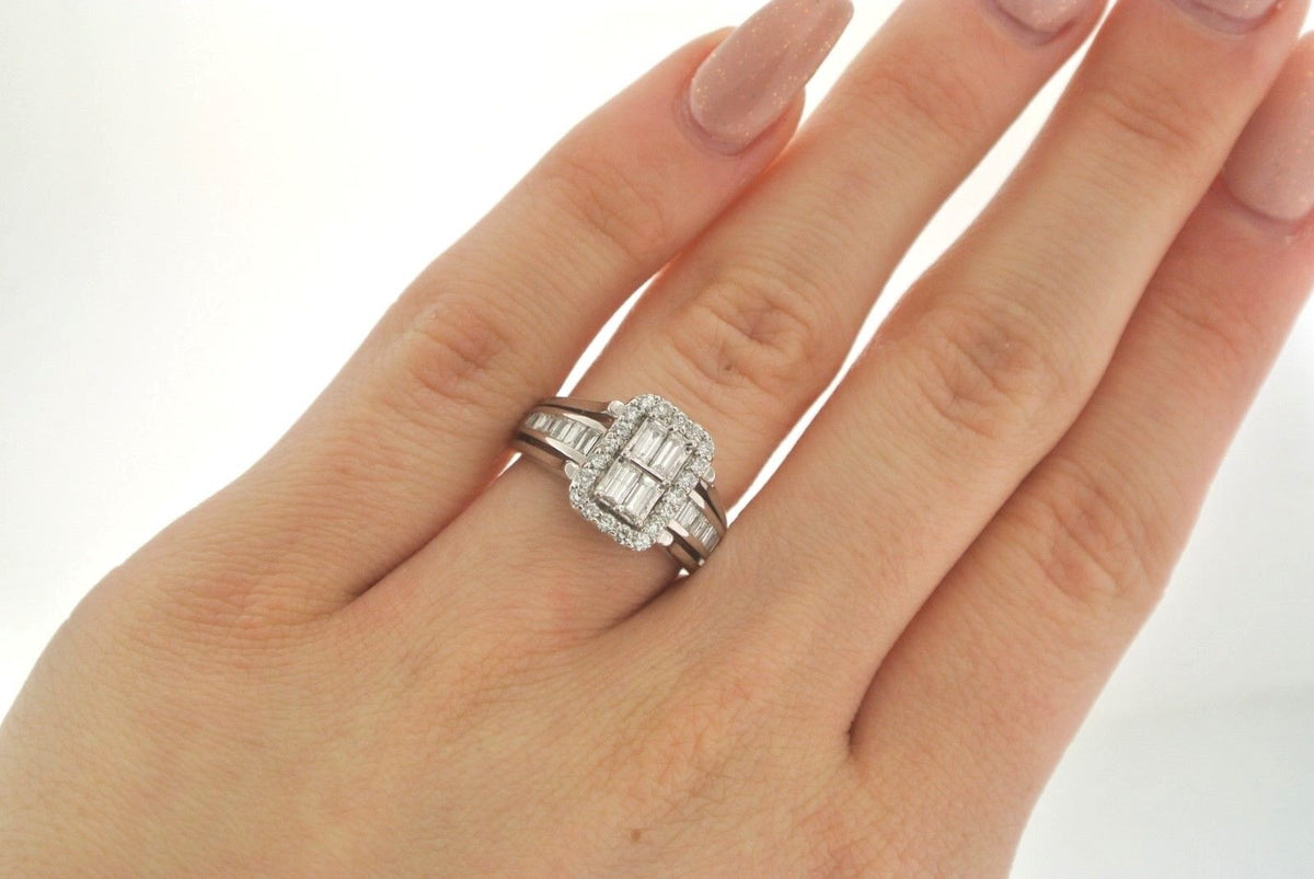 SOLID 14K WHITE GOLD 1.50 CT BAGUETTE& ROUND CUT DIAMOND LADIES RING SIZE 5