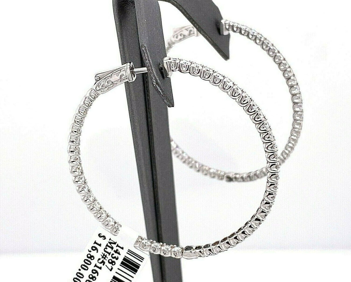14k White Gold 3.85 CT Diamond Inside Out Hoop Earrings, 11gm