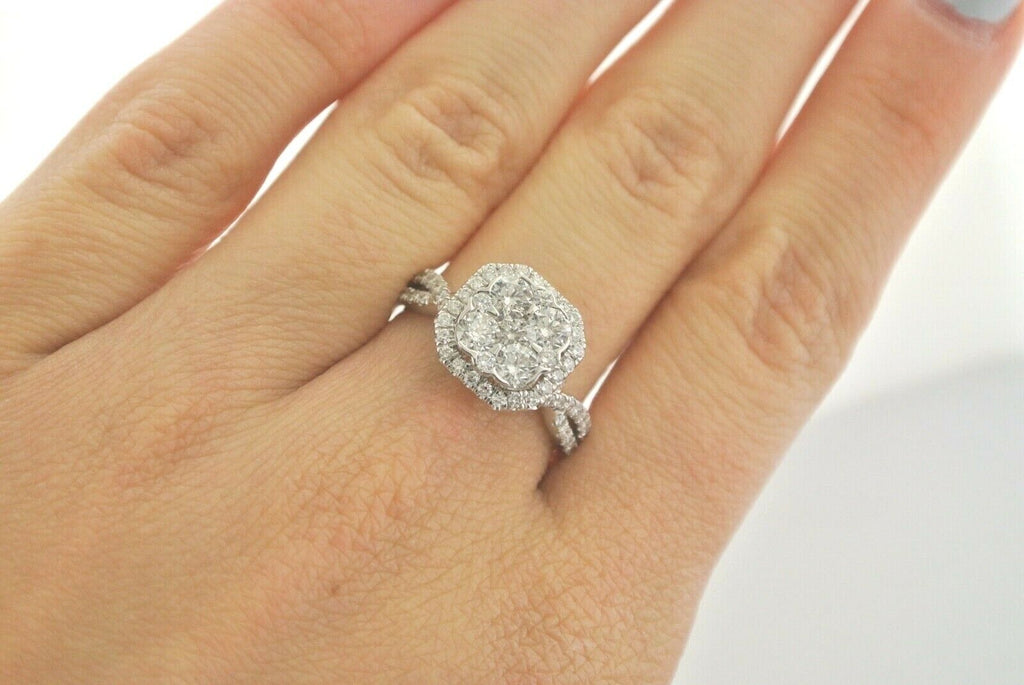 14k White Gold 2.00 CT Diamond Halo Cluster Engagement Ring, 5gm